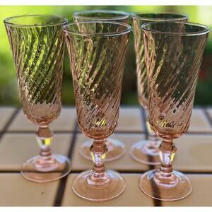 Vintage French Rosaline Pink Swirl Champagne Flutes 6.5" Tall Set of 5